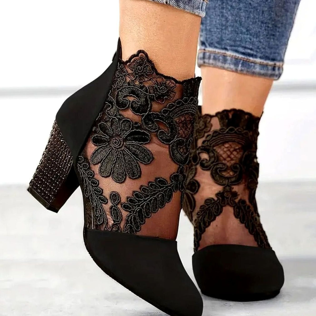 Pearl | Ankle Boots, Women, Block Heel, Pointed Toe, Lace, Floral, Embroidered, Wedding, Bridal, Heels