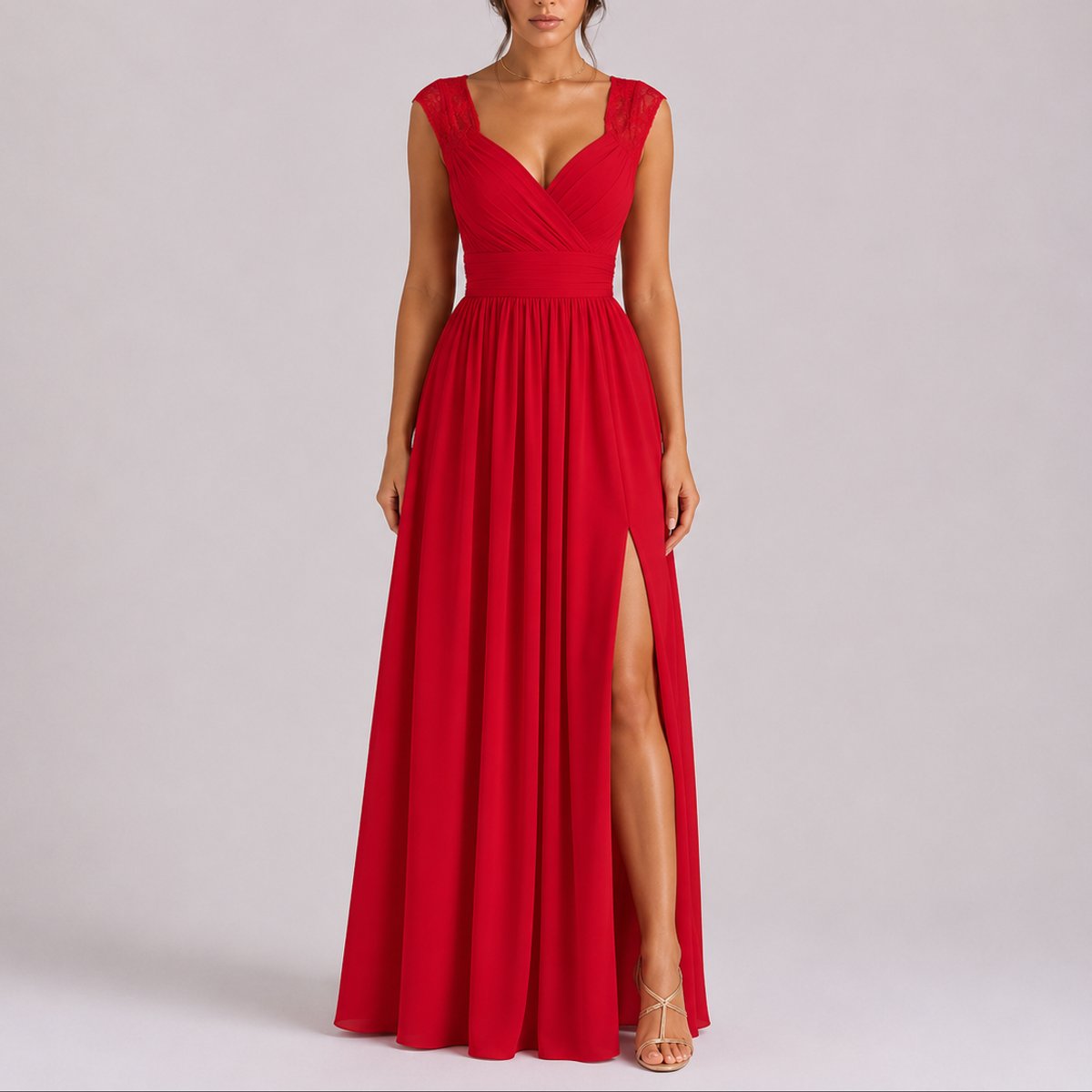 Camila | Wedding Guest Dress Maxi Dress Women Lace Chiffon V-Neck Wrap Side Slit Cocktail