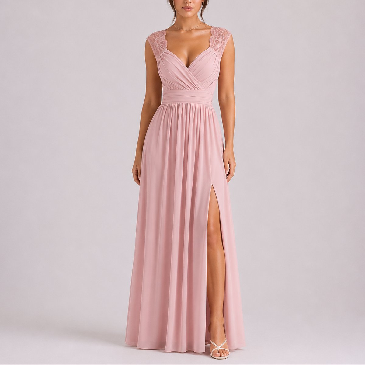 Camila | Wedding Guest Dress Maxi Dress Women Lace Chiffon V-Neck Wrap Side Slit Cocktail