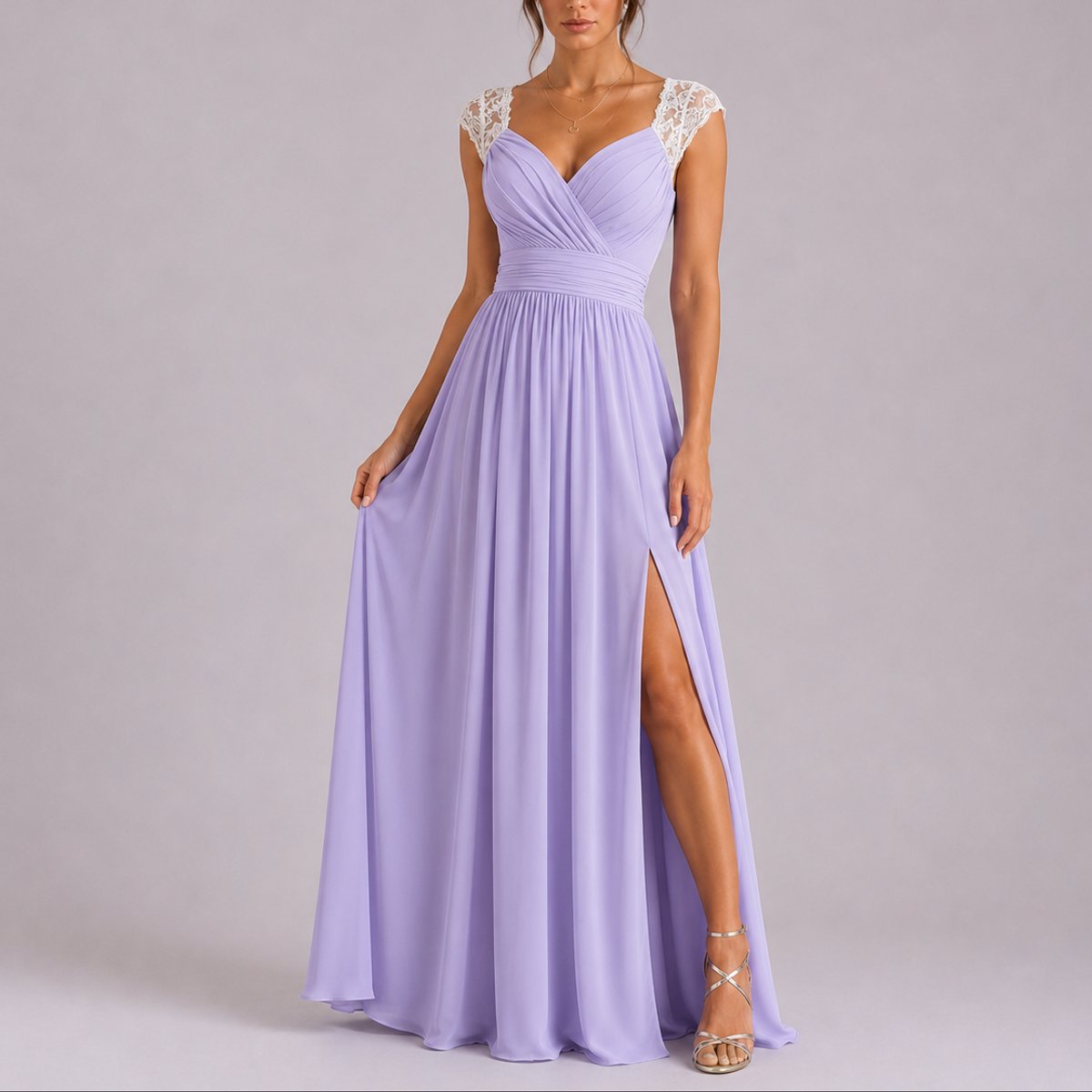 Camila | Wedding Guest Dress Maxi Dress Women Lace Chiffon V-Neck Wrap Side Slit Cocktail