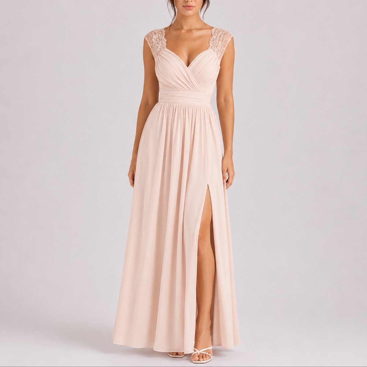 Camila | Wedding Guest Dress Maxi Dress Women Lace Chiffon V-Neck Wrap Side Slit Cocktail