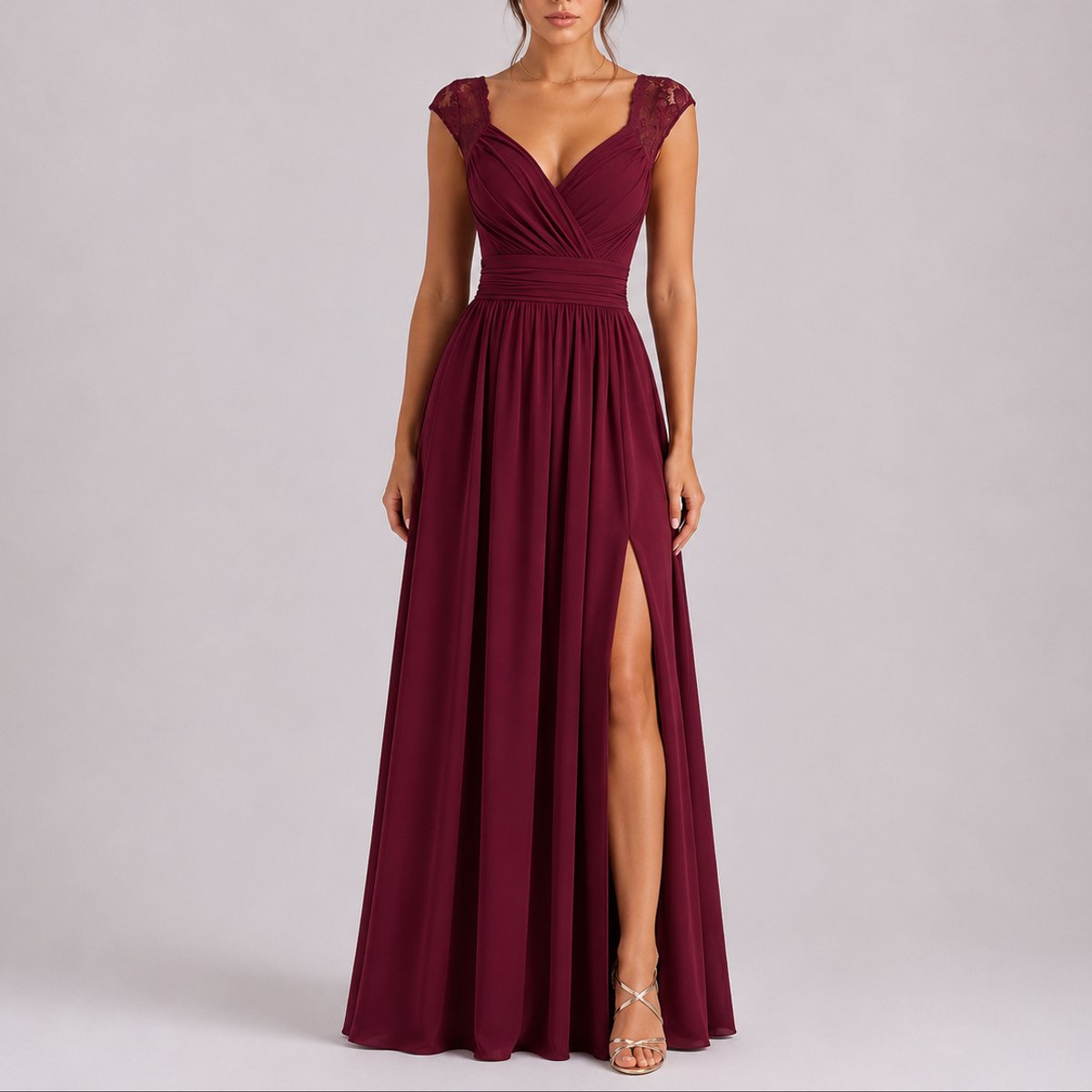 Camila | Wedding Guest Dress Maxi Dress Women Lace Chiffon V-Neck Wrap Side Slit Cocktail