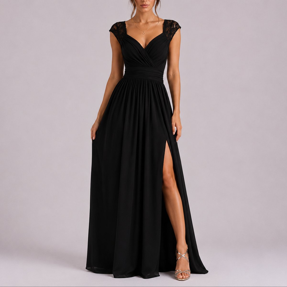 Camila | Wedding Guest Dress Maxi Dress Women Lace Chiffon V-Neck Wrap Side Slit Cocktail
