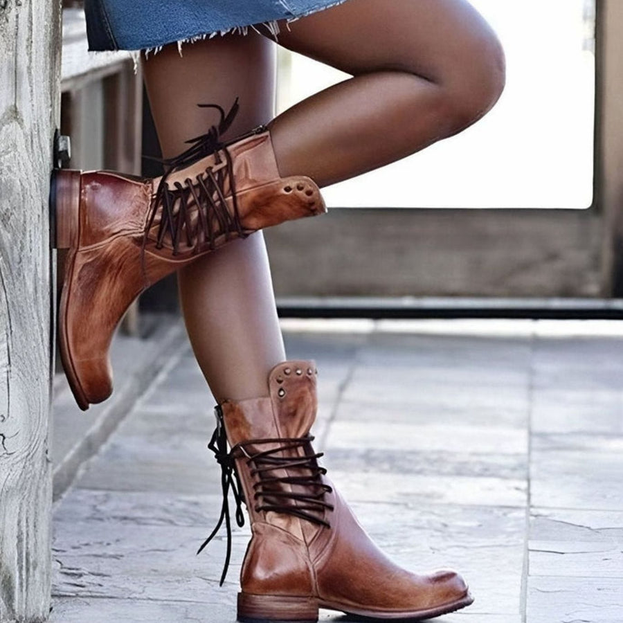 Remy | Ankle Boots, Women, Block Heel, Lace Up, Studded, Western, Faux Leather, Mid-Calf, Cowgirl,
