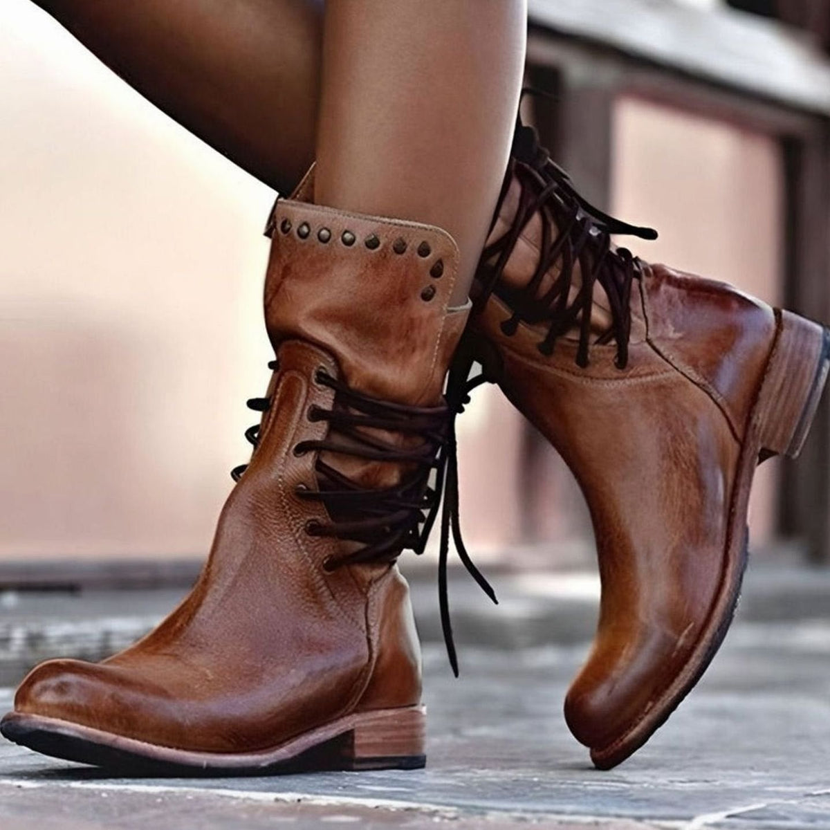 Remy | Ankle Boots, Women, Block Heel, Lace Up, Studded, Western, Faux Leather, Mid-Calf, Cowgirl,