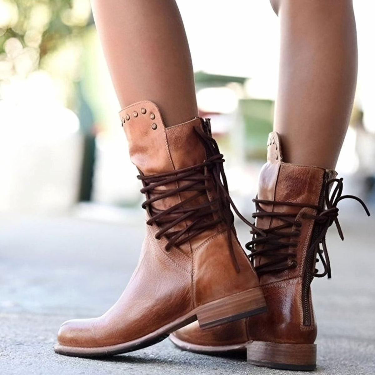 Remy | Ankle Boots, Women, Block Heel, Lace Up, Studded, Western, Faux Leather, Mid-Calf, Cowgirl,