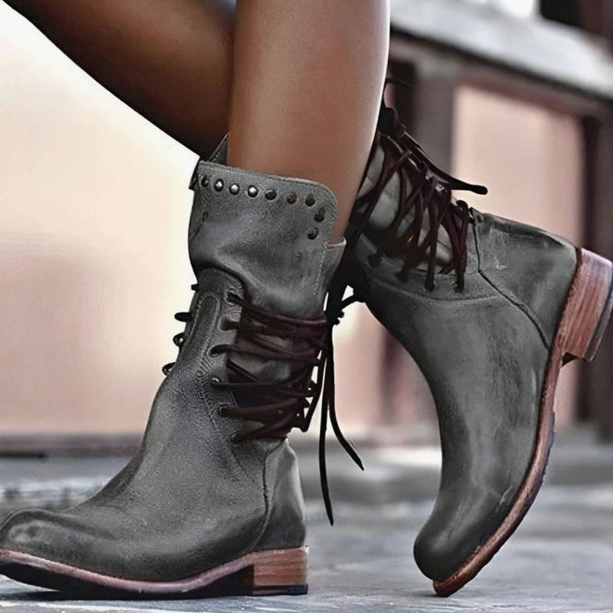 Remy | Ankle Boots, Women, Block Heel, Lace Up, Studded, Western, Faux Leather, Mid-Calf, Cowgirl,