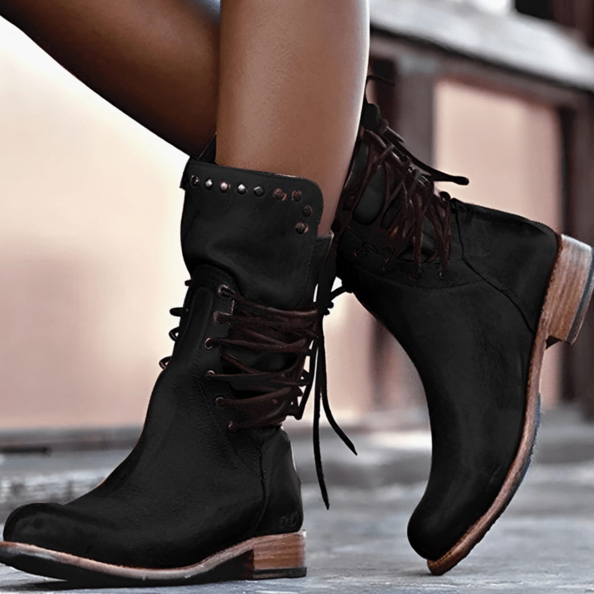 Remy | Ankle Boots, Women, Block Heel, Lace Up, Studded, Western, Faux Leather, Mid-Calf, Cowgirl,