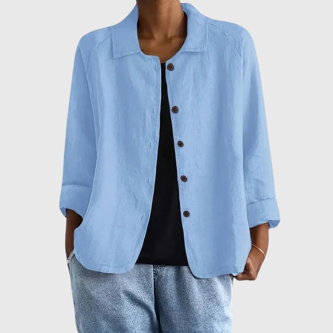 Women’s lightweight cotton button-up jacket from Christine Brewer with a classic collar and long sleeves, perfect for casual wear.