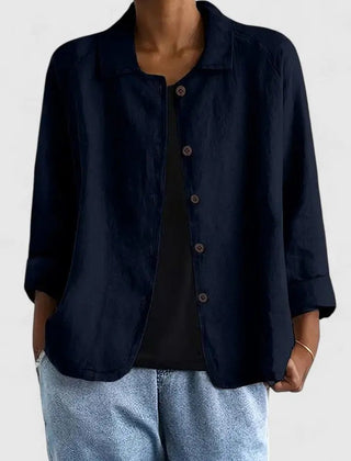 Women’s lightweight cotton button-up jacket by Christine Brewer, shown in a stylish, casual fit with long sleeves and front buttons.