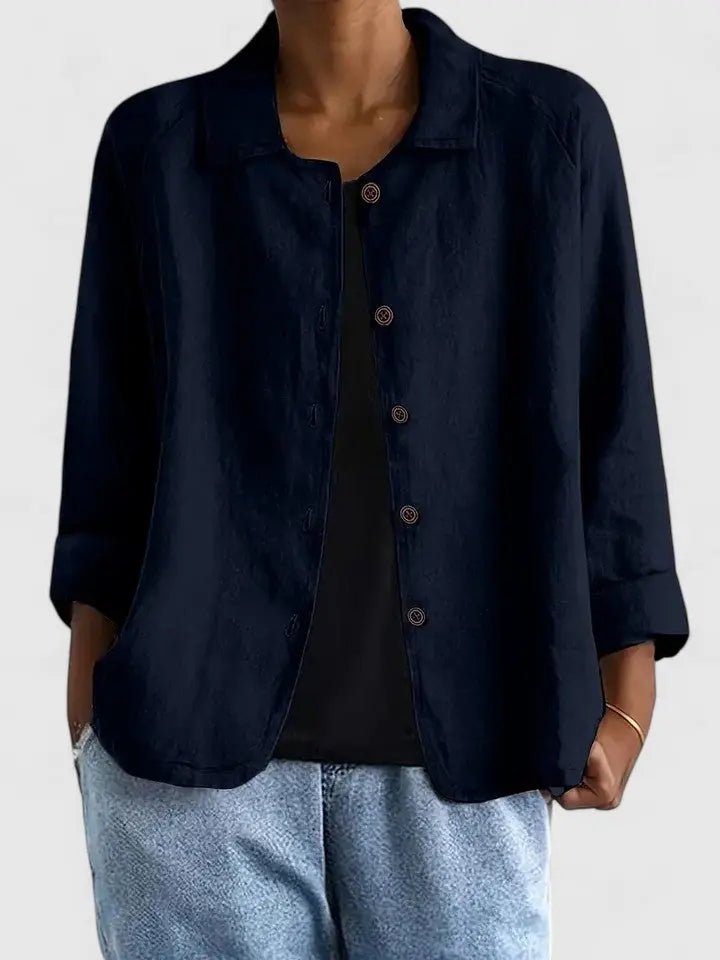 Women’s lightweight cotton button-up jacket by Christine Brewer, shown in a stylish, casual fit with long sleeves and front buttons.