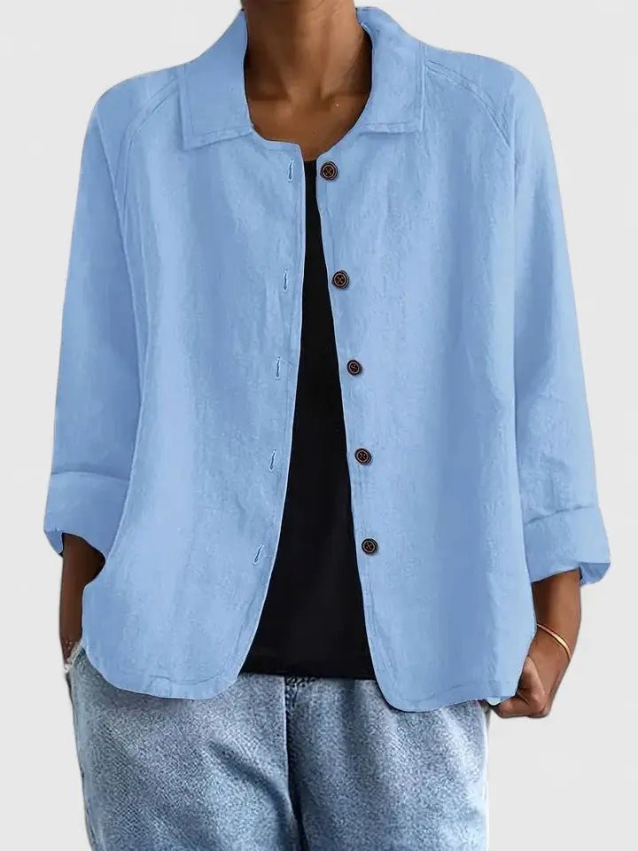 Women's lightweight cotton button-up jacket by Christine Brewer, featuring a casual fit and classic collar detail.