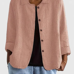 Women's lightweight cotton button-up jacket by Christine Brewer, shown in natural fabric and casual fit.