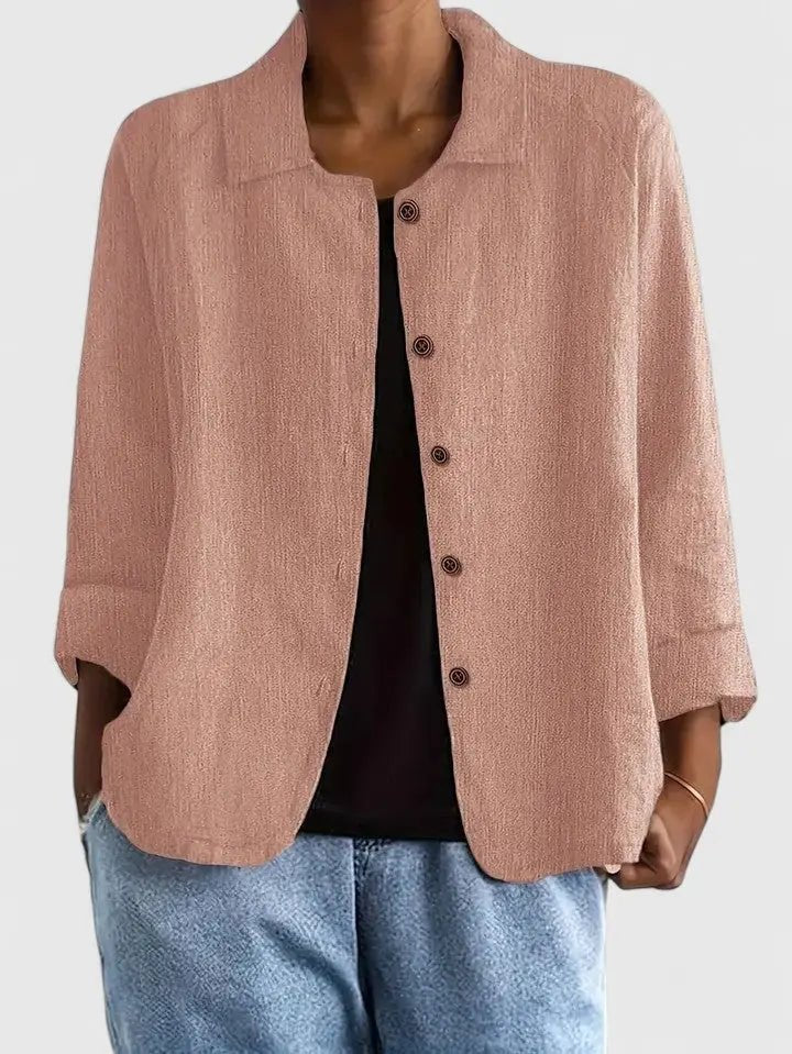 Women's lightweight cotton button-up jacket by Christine Brewer, shown in natural fabric and casual fit.