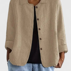 Women's lightweight cotton button-up jacket by Christine Brewer, shown in a casual fit with front buttons and long sleeves.