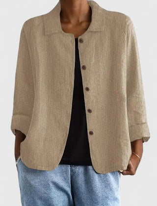 Women's lightweight cotton button-up jacket by Christine Brewer, shown in a casual fit with front buttons and long sleeves.
