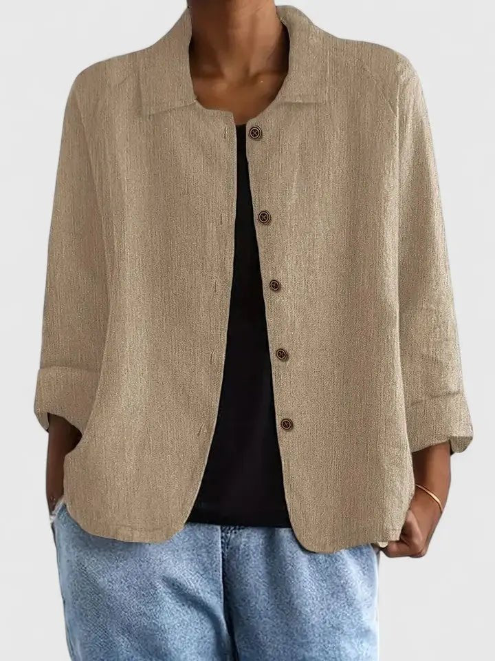Women's lightweight cotton button-up jacket by Christine Brewer, shown in a casual fit with front buttons and long sleeves.