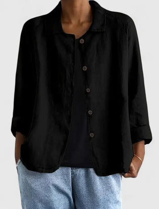 Women's lightweight cotton button-up jacket by Christine Brewer, shown in a casual fit with front buttons and collar detail.