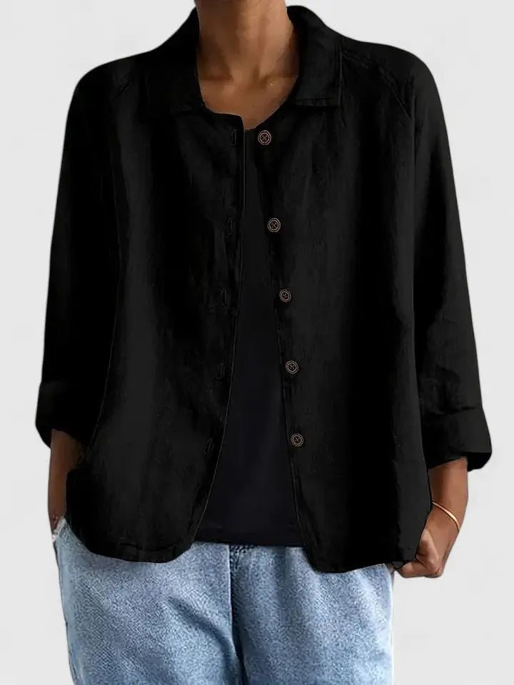 Women's lightweight cotton button-up jacket by Christine Brewer, shown in a casual fit with front buttons and collar detail.