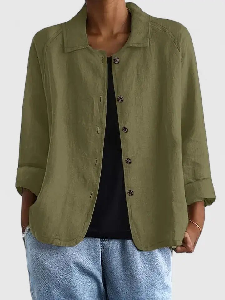 Sophie women's lightweight cotton button-up jacket by Christine Brewer, shown in a casual fit with front buttons and collar detail.