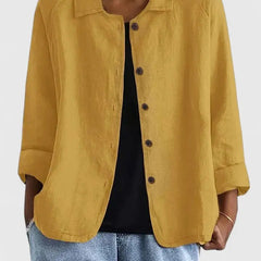 Women's lightweight cotton button-up jacket by Christine Brewer, featuring a classic collar and front button closure.
