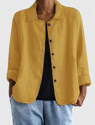 Women's lightweight cotton button-up jacket by Christine Brewer, featuring a classic collar and front button closure.