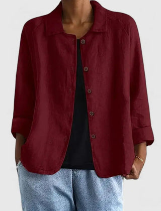 Women's lightweight cotton button-up jacket by Christine Brewer, featuring a classic collar and front buttons.
