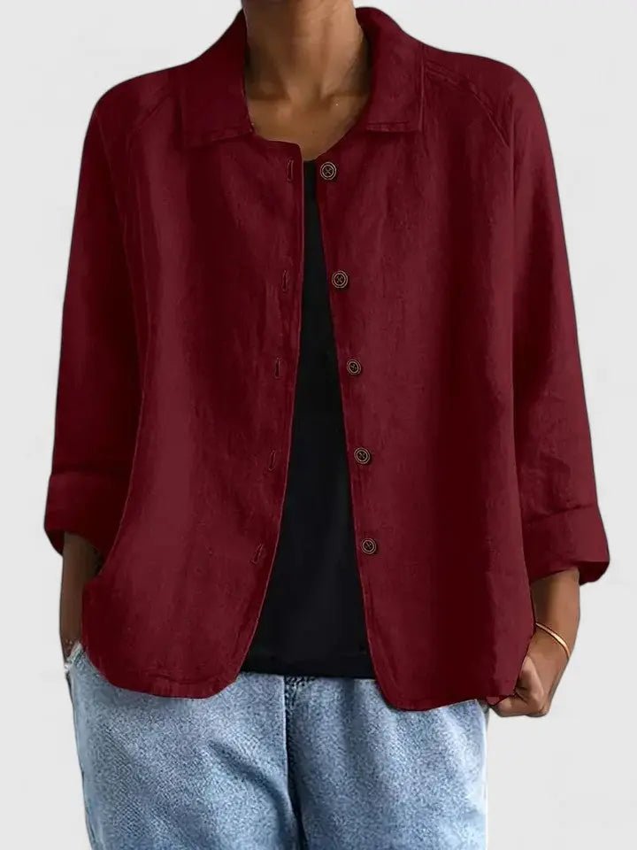 Women's lightweight cotton button-up jacket by Christine Brewer, featuring a classic collar and front buttons.