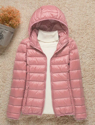 Women's Sienna lightweight hooded quilted jacket by Christine Brewer, packable down puffer with a stylish hood and quilted design.