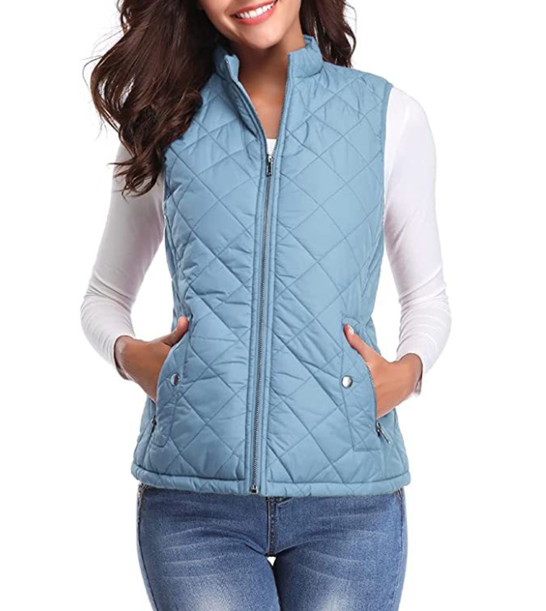 Women’s lightweight quilted sleeveless gilet by Christine Brewer, zip-up design, featuring a stylish, padded sleeveless jacket.