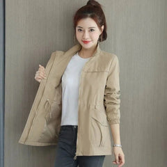 Women's Sienna lightweight zip-up bomber jacket with drawstring details, transitional style by Christine Brewer.