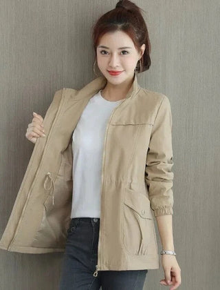 Women's Sienna lightweight zip-up bomber jacket with drawstring details, transitional style by Christine Brewer.