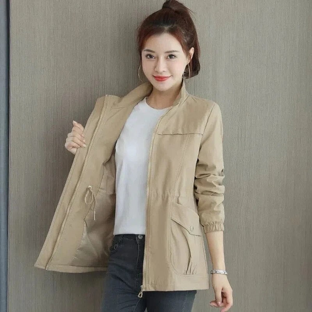 Women's Sienna lightweight zip-up bomber jacket with drawstring details, transitional style by Christine Brewer.