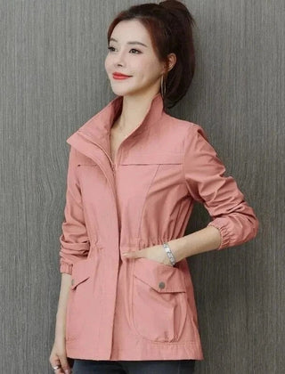 Women’s Sienna lightweight zip-up bomber jacket with drawstring waist, transitional style, by Christine Brewer.