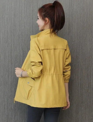 Women’s lightweight zip-up short bomber jacket with drawstring waist by Christine Brewer, casual and stylish for everyday wear.