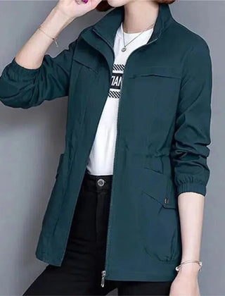 Women’s lightweight zip-up short bomber jacket with drawstring waist by Christine Brewer, casual and stylish for everyday wear.