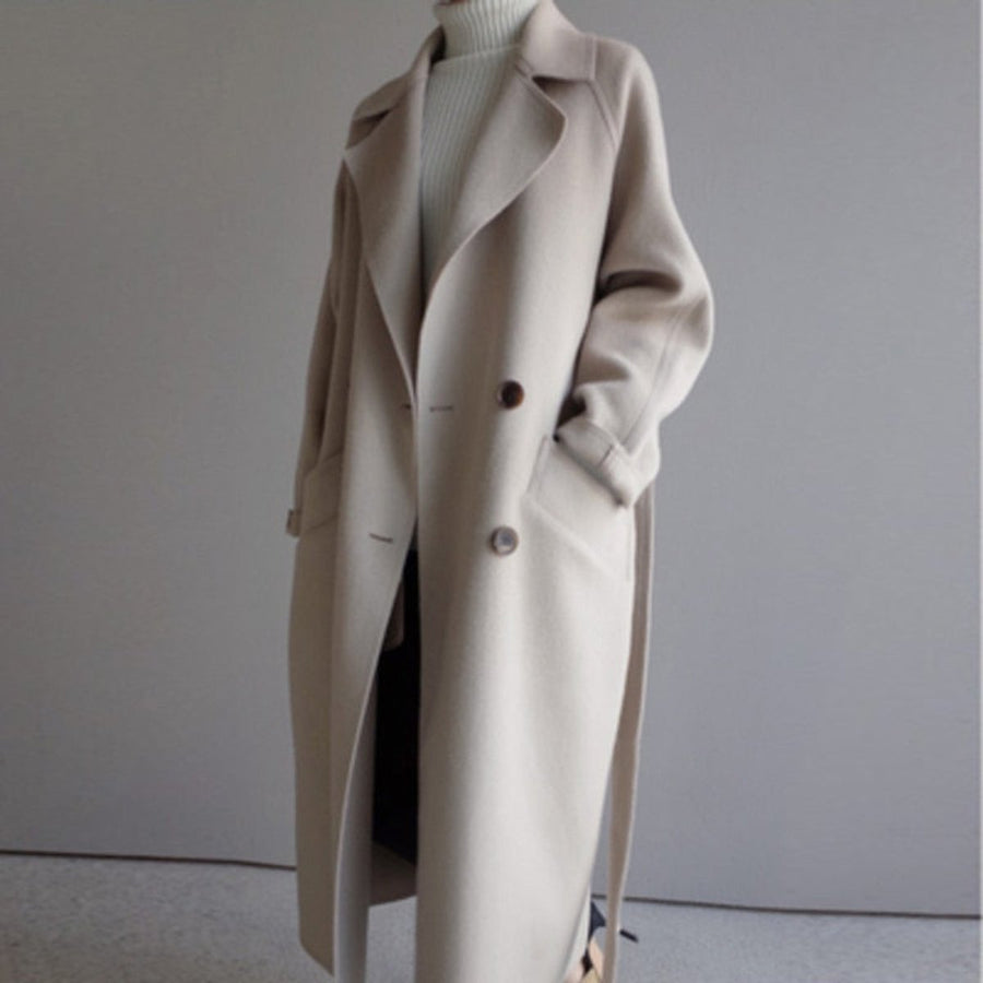 Women’s long double-breasted cashmere blend coat by Christine Brewer, shown in a stylish, tailored design.