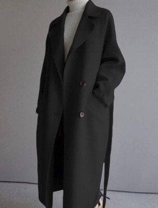 Women's long double-breasted cashmere blend coat by Christine Brewer, shown in a stylish, warm winter outerwear design.