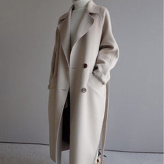 Women’s long double-breasted wool-blend trench coat by Christine Brewer, featuring a longline design and classic style.