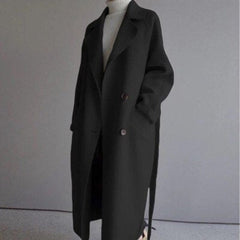 Women's long double-breasted wool-blend trench coat by Christine Brewer, featuring a classic longline design and stylish collar.