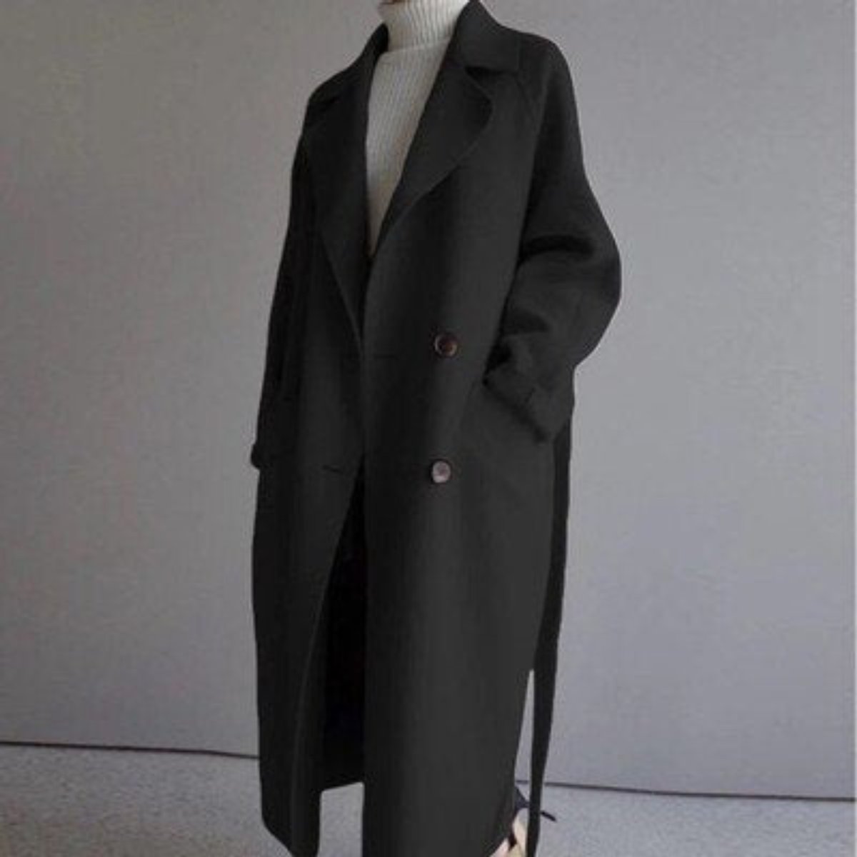 Women's long double-breasted wool-blend trench coat by Christine Brewer, featuring a classic longline design and stylish collar.