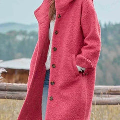 Women's long hooded fleece coat with button-front closure by Christine Brewer, featuring a cozy, stylish design for cold weather.
