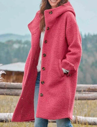 Women's long hooded fleece coat with button-front closure by Christine Brewer, featuring a cozy, stylish design for cold weather.
