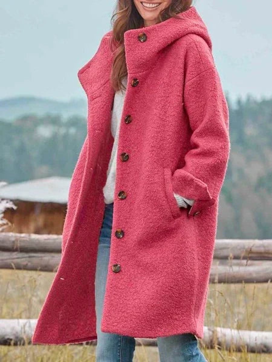 Women's long hooded fleece coat with button-front closure by Christine Brewer, featuring a cozy, stylish design for cold weather.