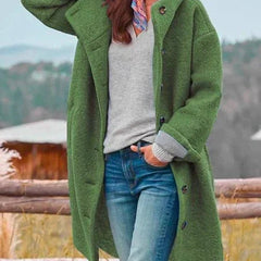 Victoria women's long hooded fleece coat with button-front closure, featuring a cozy fleece material and a relaxed fit.