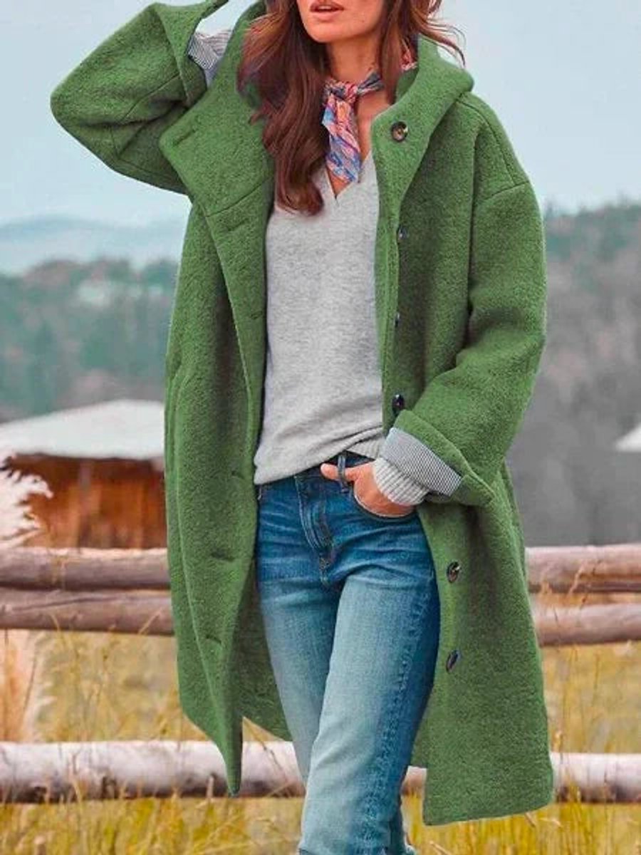 Victoria women's long hooded fleece coat with button-front closure, featuring a cozy fleece material and a relaxed fit.