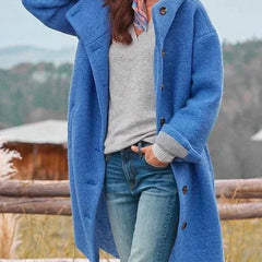 Women's long hooded fleece coat with button-front closure by Christine Brewer, featuring a cozy hood and warm fleece fabric.