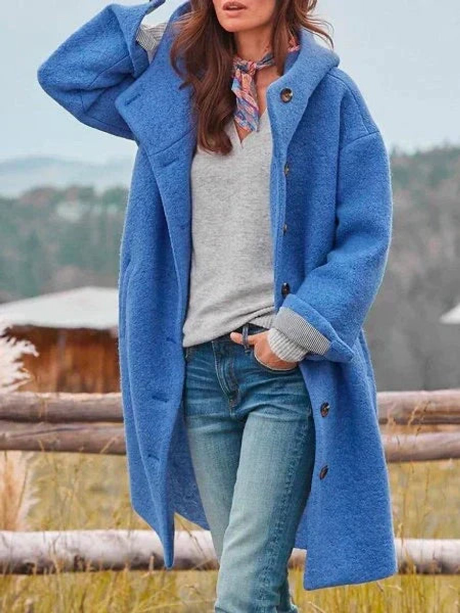 Women's long hooded fleece coat with button-front closure by Christine Brewer, featuring a cozy hood and warm fleece fabric.