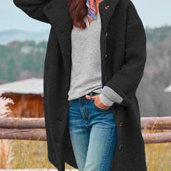 Women's long hooded fleece coat with button front by Christine Brewer, featuring a cozy hood and stylish design.