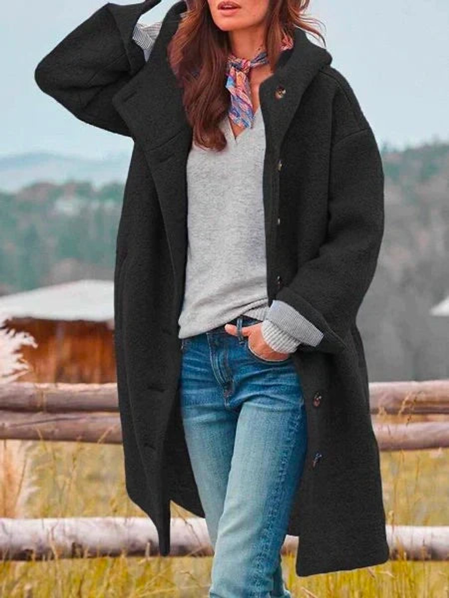 Women's long hooded fleece coat with button front by Christine Brewer, featuring a cozy hood and stylish design.